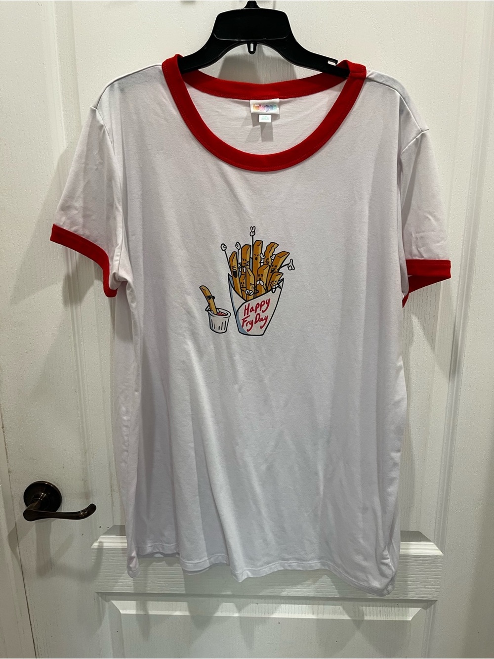LuLaRoe White Tee with Red Trim & Fries Graphic